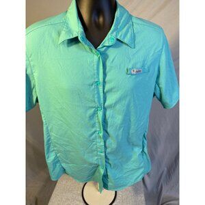 Columbia Mens Teal Fishing Utlity Shirt Short Sleeve Snaps‎ Large L Lightweight